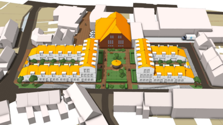 Impressie vernieuwd Baljuwplein met twee hofjes met parkeergarage