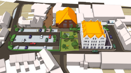 Impressie vernieuwd Baljuwplein met appartementengebouw met maaiveldparkeren