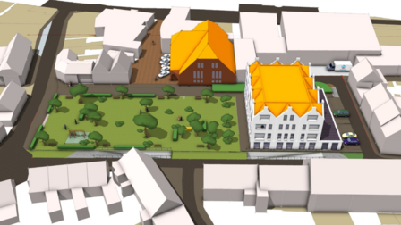 Impressie vernieuwd Baljuwplein met appartementengebouw met parkeergarage