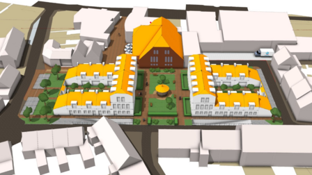 Impressie vernieuwd Baljuwplein met twee kleinere hofjes met parkeergarage